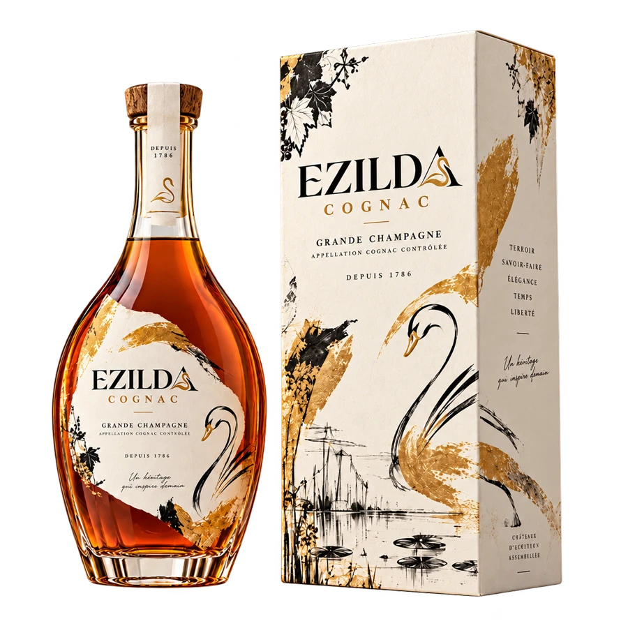 La bouteille de cognac Ezilda et son coffret cygne, posés sur la pierre d’une carrière de calcaire